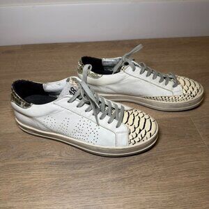 P448 White Leather Patterned Sneakers with Silver Accents, Women's Size 7